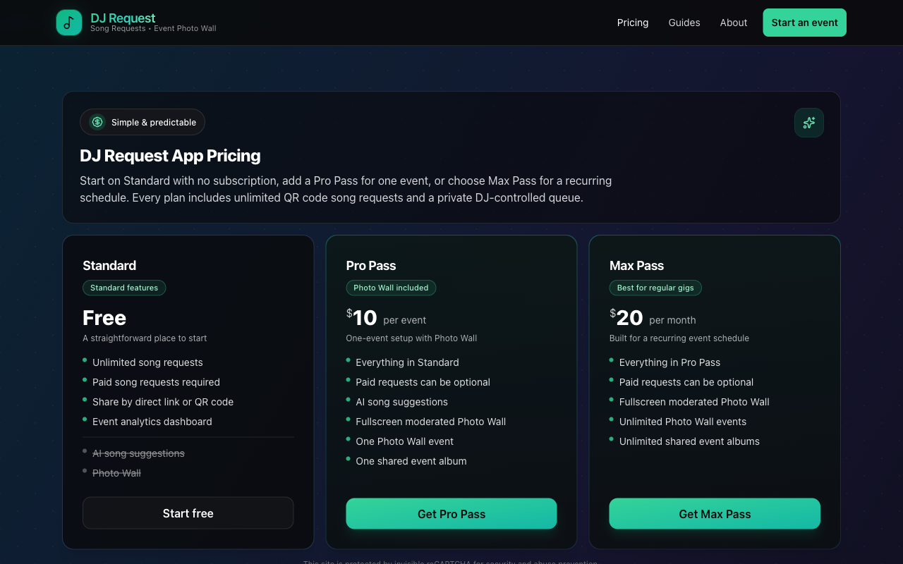 The DJ Request pricing page showing the Standard, Pro Pass, and Max Pass plan cards side by side.