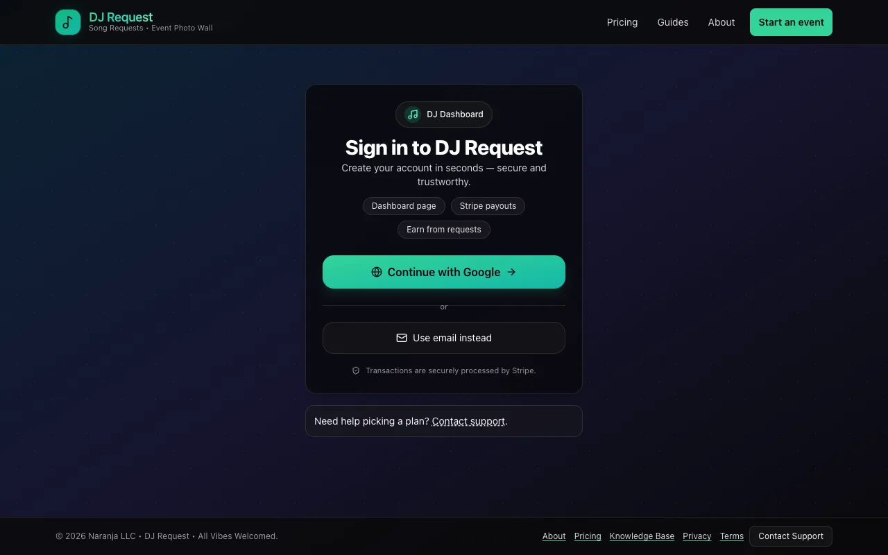 The DJ Request sign-in page with a Continue with Google button and a Use email instead option.